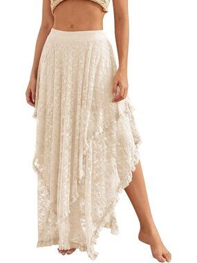 Women's Beige Floral Lace  Asymmetrical Layered Flowy Boho Beach Maxi Skirt